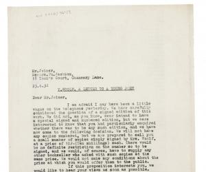 image of typescript letter from John Lehmann to Mr. Joiner (23/06/1932) page 1 of 1