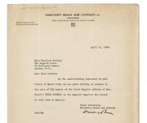Image of typescript letter from Donald Brace to Winifred Perkins (15/04/1938) page 1 of 1