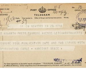 Image of typescript telegram from Harcourt, Brace and Company to Hogarth Press (21/07/1942) page 1 of 1